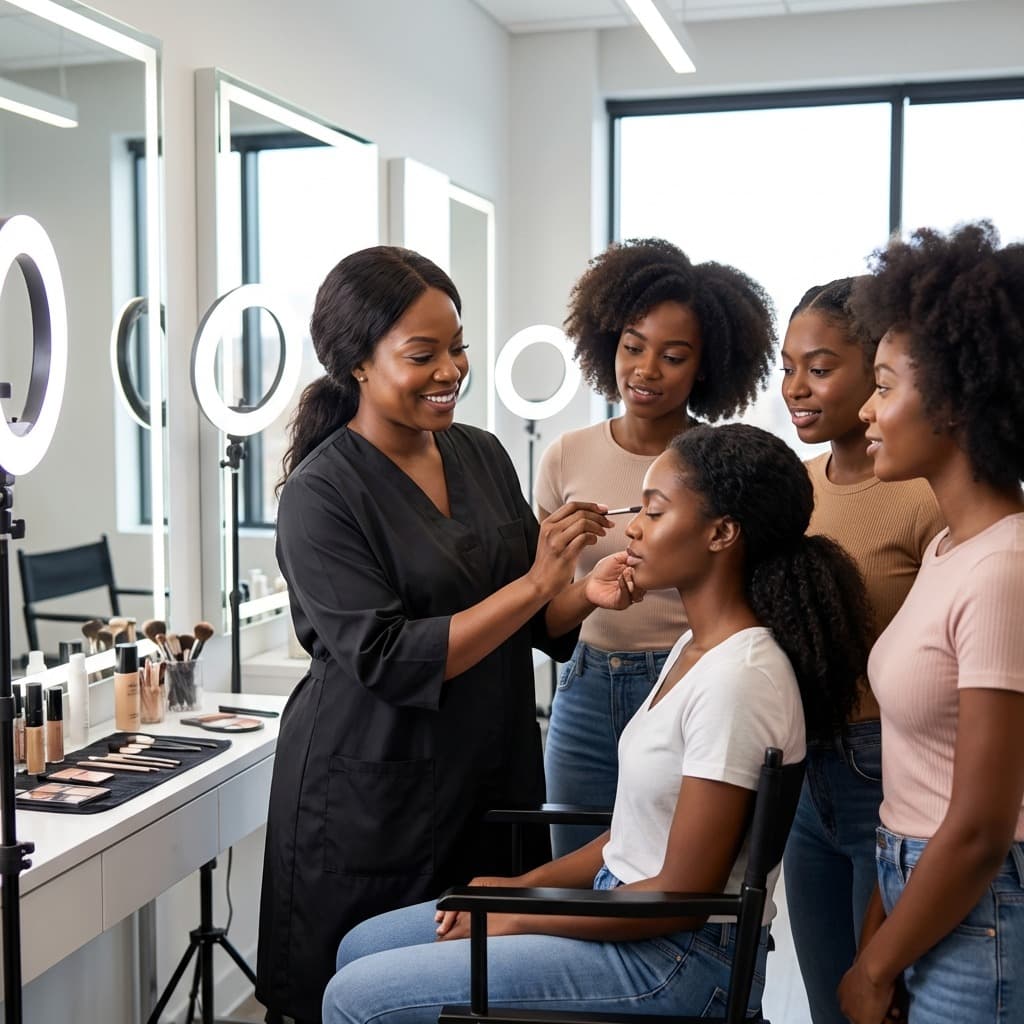 Cosmetology student styling hair in a salon